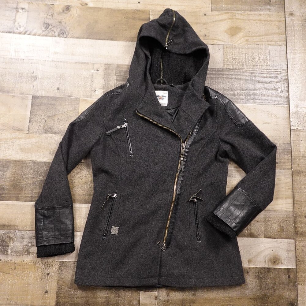 Harley-Davidson Wool Blend Moto Jacket Women’s Medium Black Hooded Lined